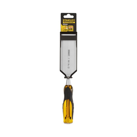 STANLEY 0-16-267 wood chisel with yellow and black handle, straight-on angle, white background.