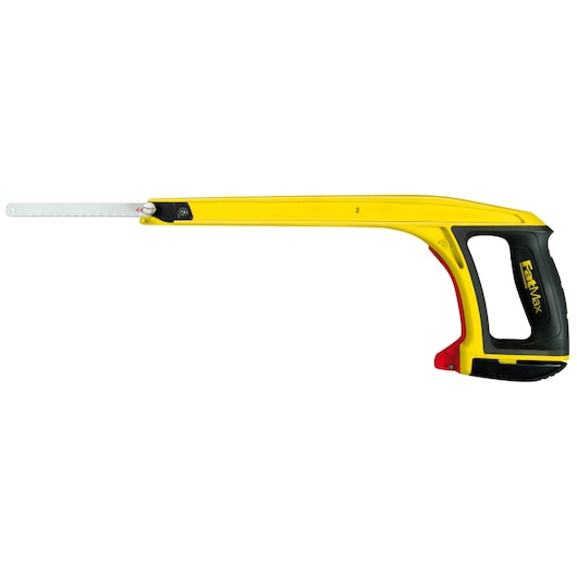 STANLEY 0-20-108 yellow and black hacksaw, side view on white background, comfortable grip handle.