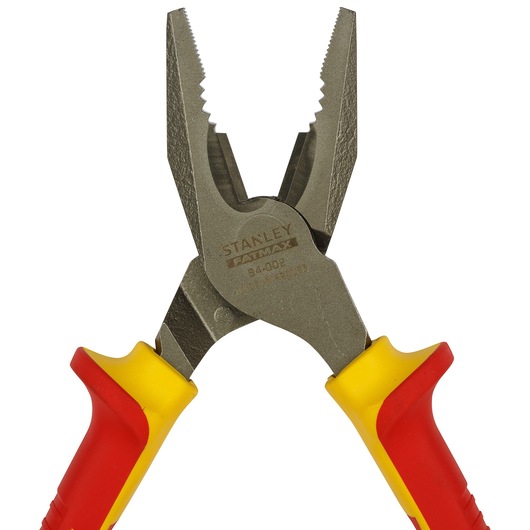 STANLEY 0-84-002 pliers with red and yellow insulated handles, front angle on white background.