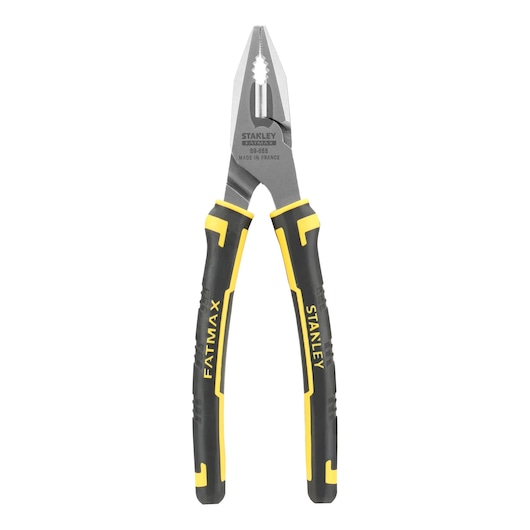 STANLEY 0-89-866 combination pliers, black and yellow handles, front angle, white background.