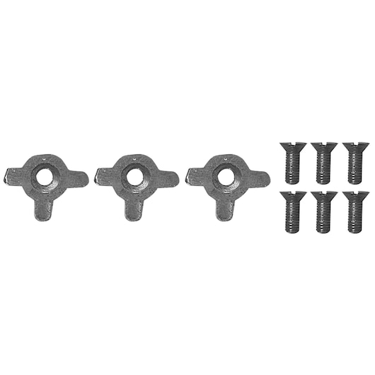 STANLEY 1-12-715 photography of three metal wing nuts and eight screws on white background, top view.