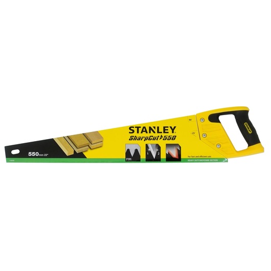 STANLEY 1-20-091 hand saw photography, yellow and black handle, 550mm blade, front angle on white background.