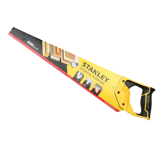 Photo of STANLEY 1-20-091 general purpose hand saw, yellow and black handle, side view, product packaging shown.