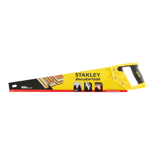 Photo of STANLEY 1-20-091 hand saw, SharpCut 550, yellow and black, side angle, 550mm blade.