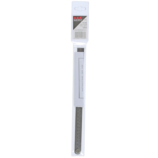 STANLEY 1-35-333 steel ruler in packaging, top-down angle, silver finish, 600mm length, photography.