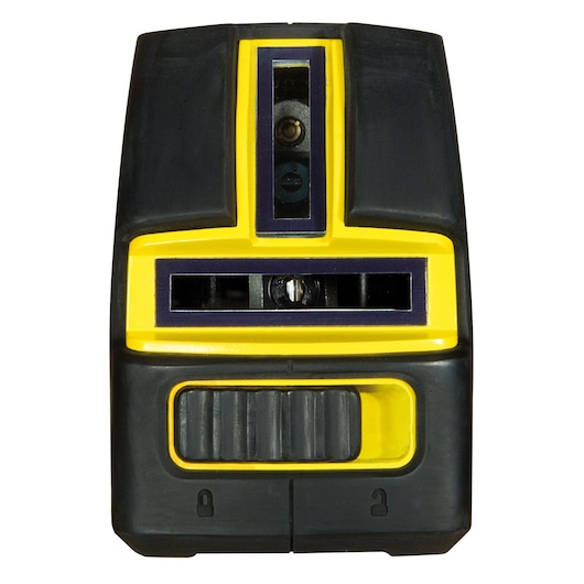 Photo of STANLEY 1-77-321 laser level, front angle, yellow and black housing, visible lens and controls.
