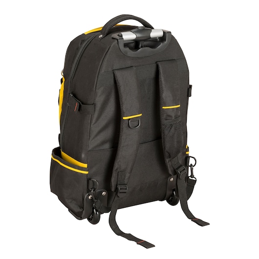 STANLEY 1-79-215 tool backpack with wheels, black and yellow, rear view on white background.