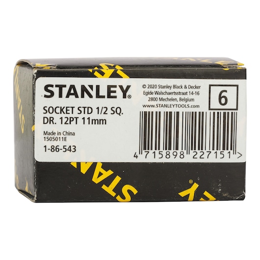 Stanley 1-86-543 socket 1/2 inch 12-point 11mm in black and yellow box, front angle product packaging.