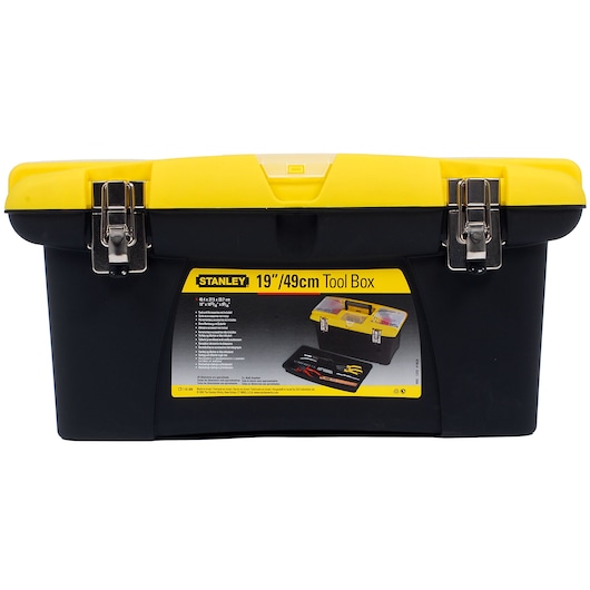 STANLEY 1-92-906 19-inch tool box with yellow lid, black base, front view, metal latches, and label.