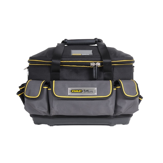 STANLEY 1-93-955 tool bag with black and gray fabric, yellow trim, front view, multiple pockets, reinforced base.