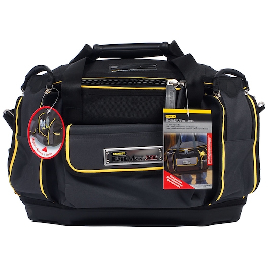 STANLEY 1-93-955 tool bag, black with yellow trim, FatMax XL branding, front angle, photography category.