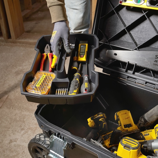 STANLEY 1-94-850 tool storage box tray with assorted hand tools and accessories, detailed photography.