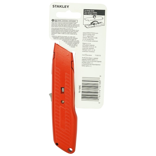 Stanley 10-189C utility knife in red, rear angle on white background, packaged with instructions.