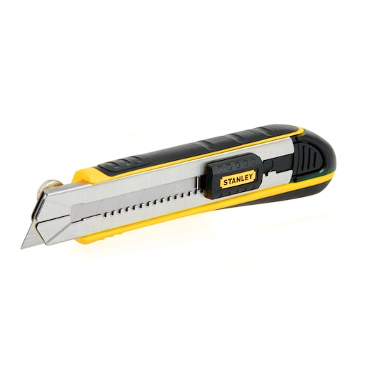 Stanley snap-off utility knife, black and yellow, angled side view on white background
