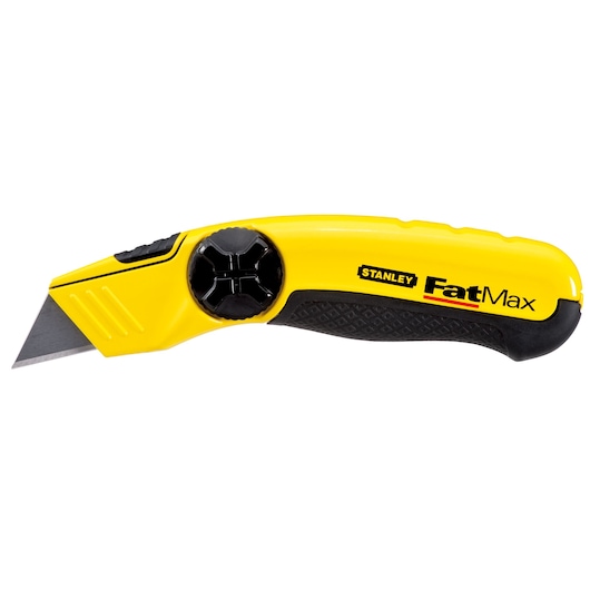 Photo of STANLEY 10-780 utility knife, yellow and black handle, angled view on white background.