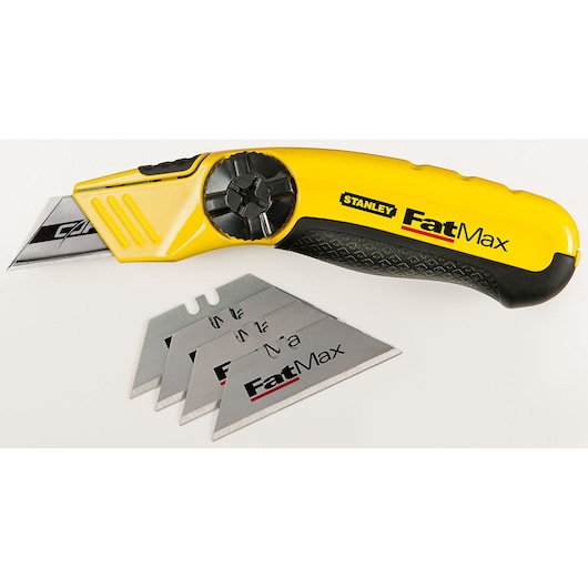 STANLEY 10-780 utility knife with yellow and black handle, shown with four replacement FatMax blades, front angle.