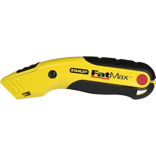 Photo of STANLEY 10-780 utility knife, FatMax series, yellow and black handle, side view on white background.