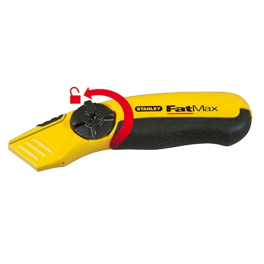 STANLEY 10-780 utility knife with yellow and black handle, side view, featuring lock mechanism and red unlock arrow.