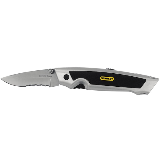 STANLEY 10-804 folding pocket knife with silver and black handle, side angle, white background.