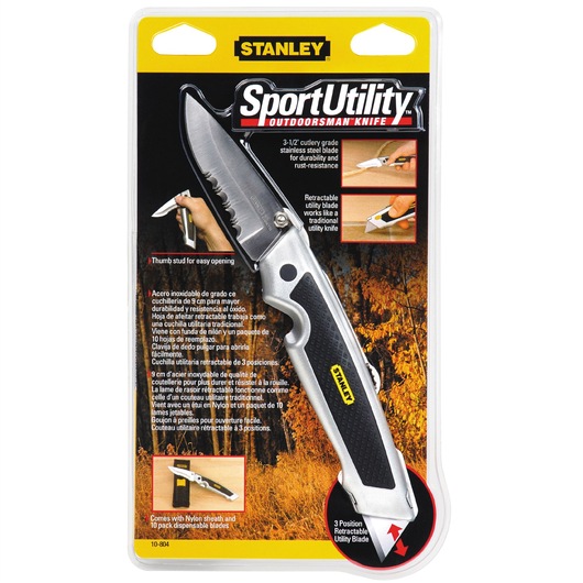STANLEY 10-804 SportUtility folding outdoorsman knife in retail packaging, black and silver handle, front angle.
