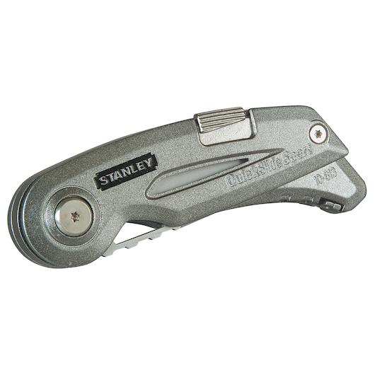 STANLEY 10-813 folding utility knife, metallic finish, side view on white background.