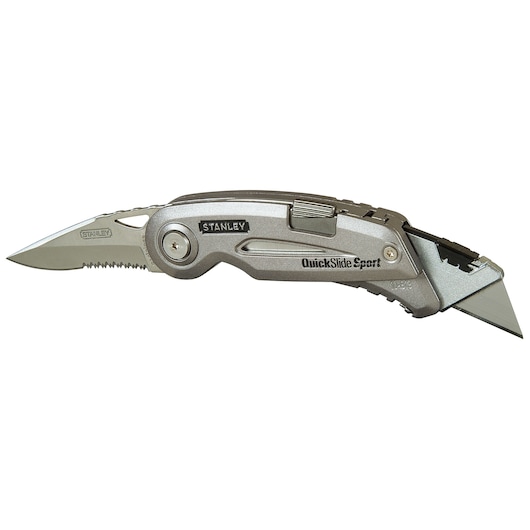 STANLEY 10-813 folding utility knife with silver handle, partially serrated blade and straight utility blade, side view.