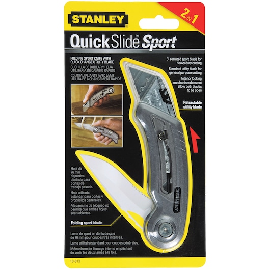 STANLEY 10-813 folding sport knife with quick slide utility blade, photographed in retail packaging, front angle.