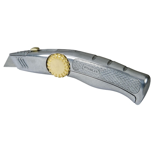 STANLEY 10-815 utility knife, silver metal body with gold adjustment wheel, side view on white background.