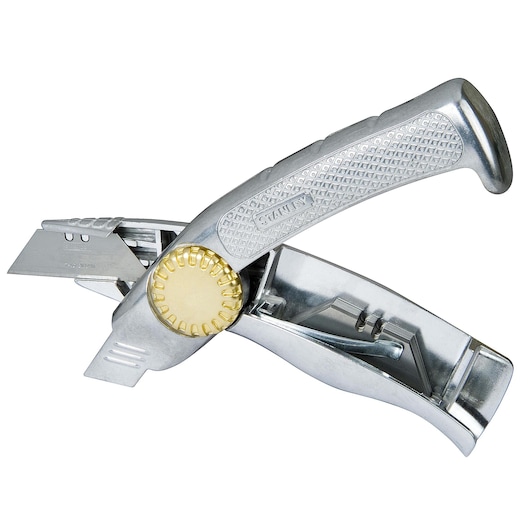 STANLEY 10-815 metal utility knife with gold adjustment wheel, open side view showing blade and storage.