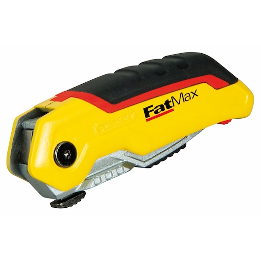 Stanley FatMax utility knife with yellow, black, and red design, compact and ergonomic for cutting tasks.