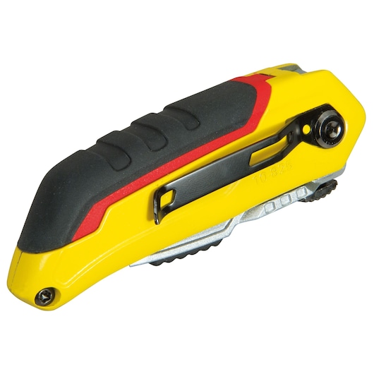 Stanley folding utility knife with yellow, black, and red handle and metal clip, closed position.