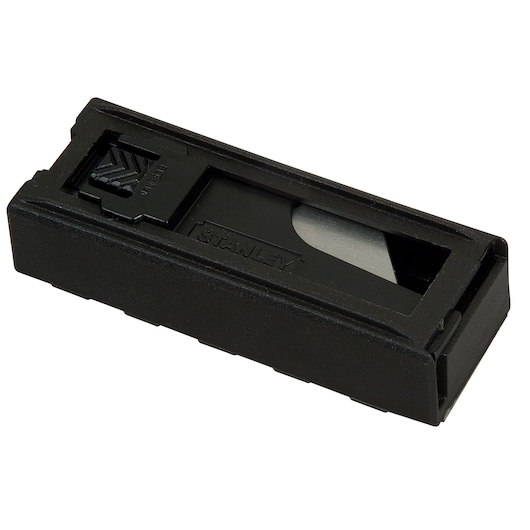 Photo of STANLEY 11-700T utility knife blades in black dispenser, angled view on white background.