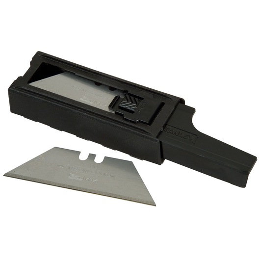 STANLEY 11-700T utility blades with black plastic dispenser, photography, angled view.