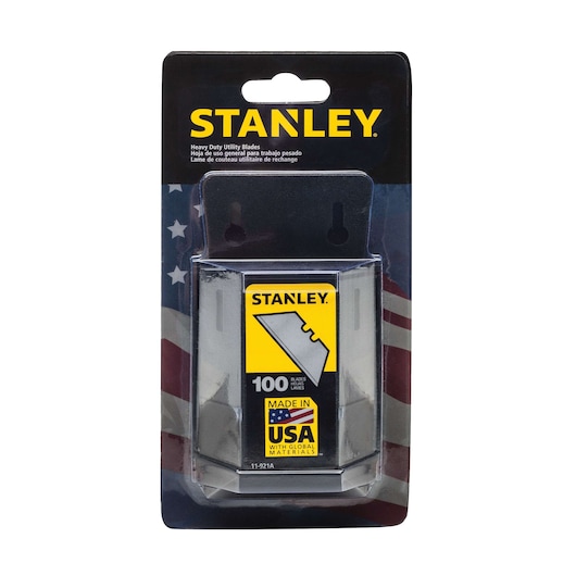 STANLEY heavy duty utility blades pack, SKU 11-921A, 100 blades, front view on white background.