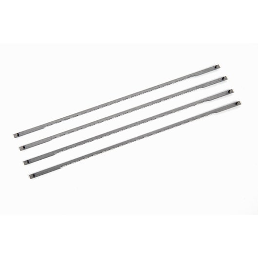 STANLEY 15-061 set of four silver coping saw blades, straight design, flat lay, on white background.