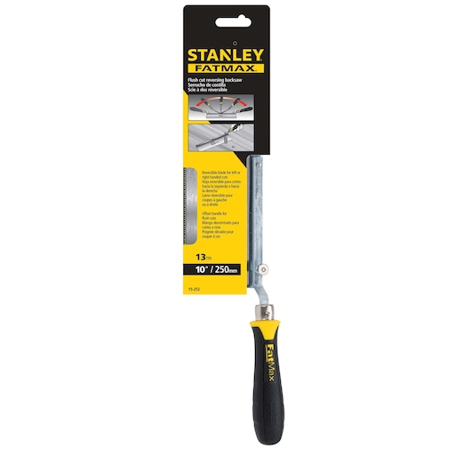 STANLEY 15-252K FatMax flush cut reversing backsaw, black and yellow handle, front view.