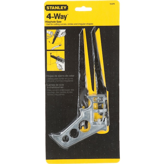 STANLEY 15-275 keyhole saw set in packaging, metal and yellow handles, front angle.
