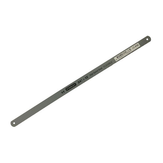 Stanley 15-836-S hacksaw blade, silver high-speed steel, 24T x 12 inch, top view on white background.