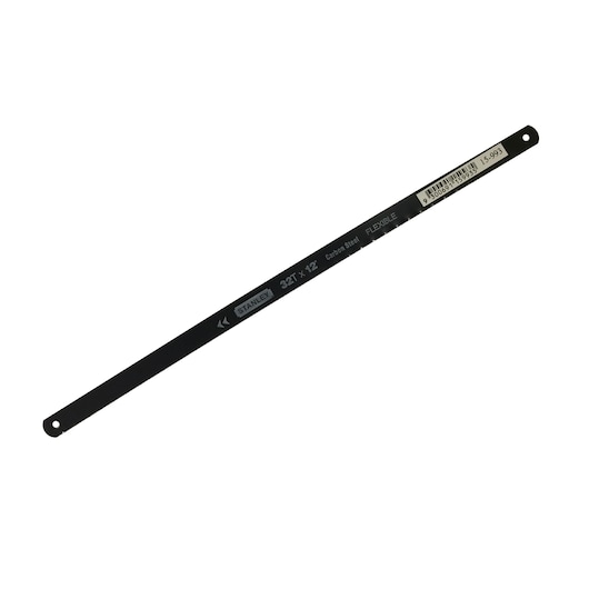 STANLEY 15-993 carbon steel hacksaw blade, 12-inch, black, photography, side angle, white background.
