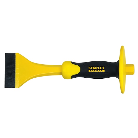 Photo of STANLEY 16-331 cold chisel with yellow blade, black-and-yellow handle, and hand guard, side angle.