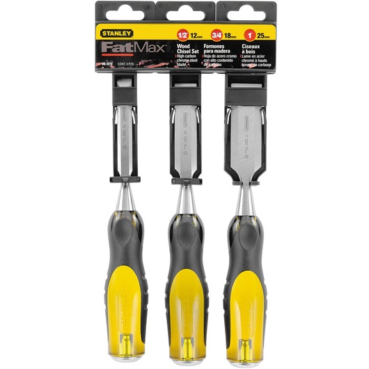 STANLEY 16-970 wood chisel set, three FatMax chisels with yellow and black handles, front angle.
