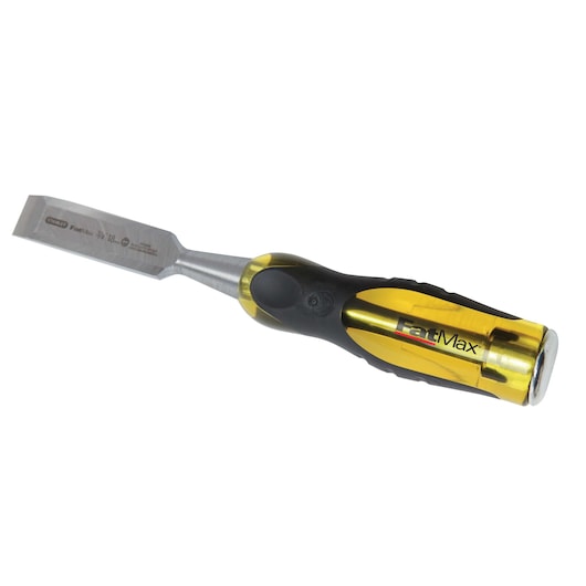 Stanley FatMax chisel with yellow and black handle, angled product shot on white background