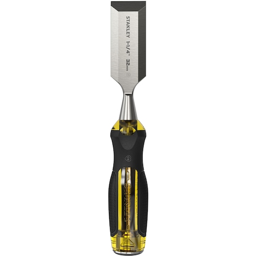 STANLEY 16-979 wood chisel with yellow and black handle, front view on white background.