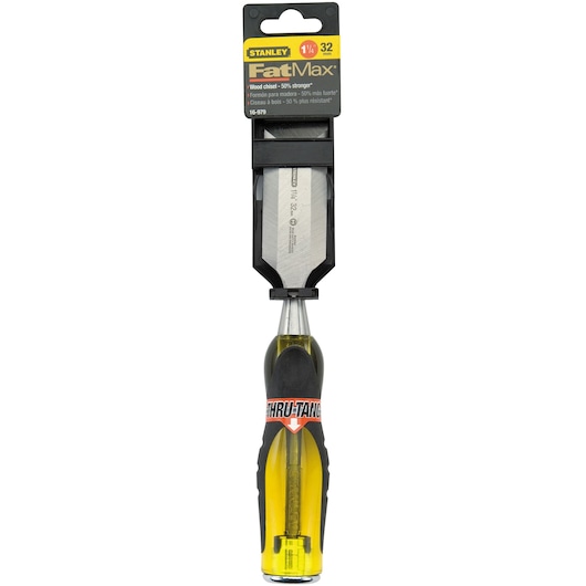 Photo of STANLEY FatMax wood chisel 1-1/4 inch, 32mm, SKU 16-979, with yellow and black handle, front view.