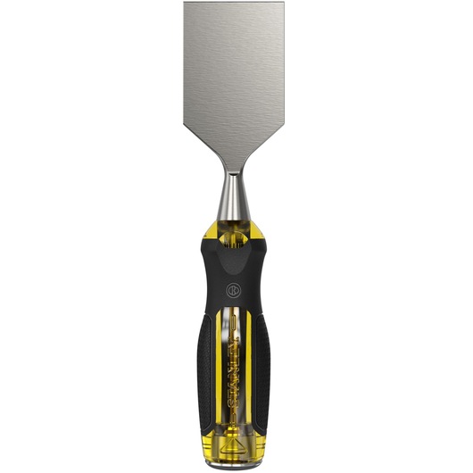 Stanley wood chisel with yellow and black handle, beveled steel blade, angled product shot on white background