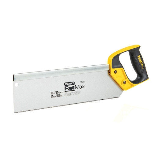 Stanley FatMax back saw with 14 inch blade, yellow and black ergonomic handle, side angle on white background