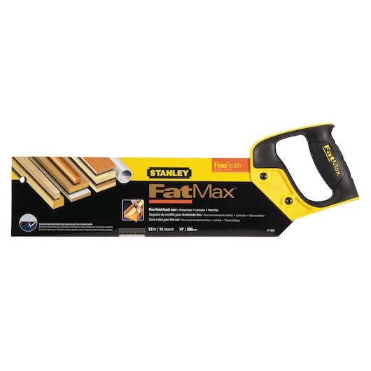 STANLEY 17-202 FatMax fine finish back saw with black and yellow ergonomic handle, front angle.