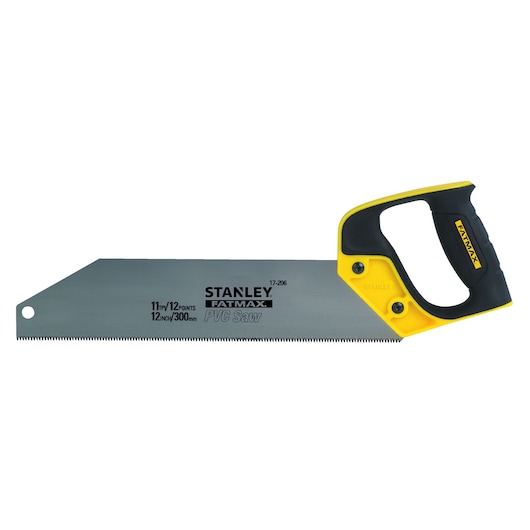 Stanley FatMax PVC saw with yellow and black ergonomic handle and metal blade, model 17-206, 300mm length.