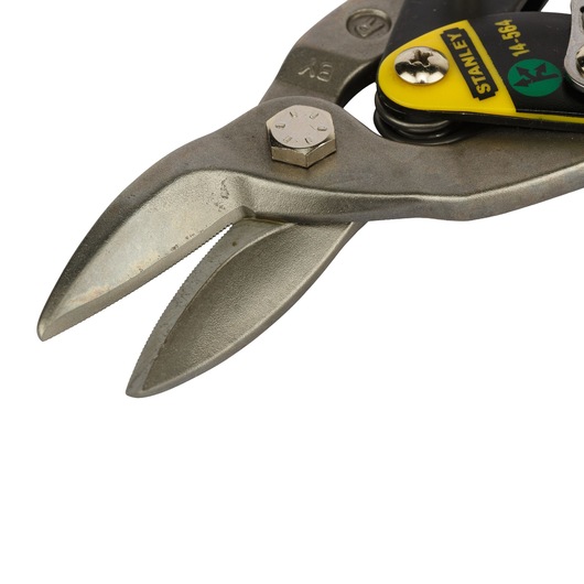 Photo of STANLEY 2-14-564 metal aviation snip, close-up of silver serrated blades, photography on white background.