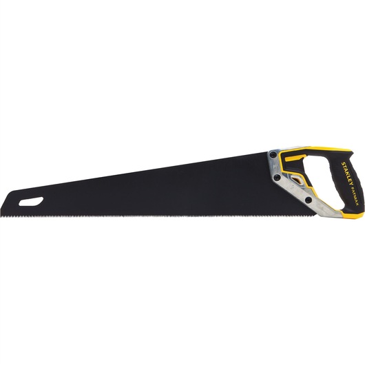 A hand saw with a black blade and ergonomic handle, designed for cutting wood.